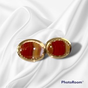 Vintage Cufflinks Agate Gemstone Oval Gold tone